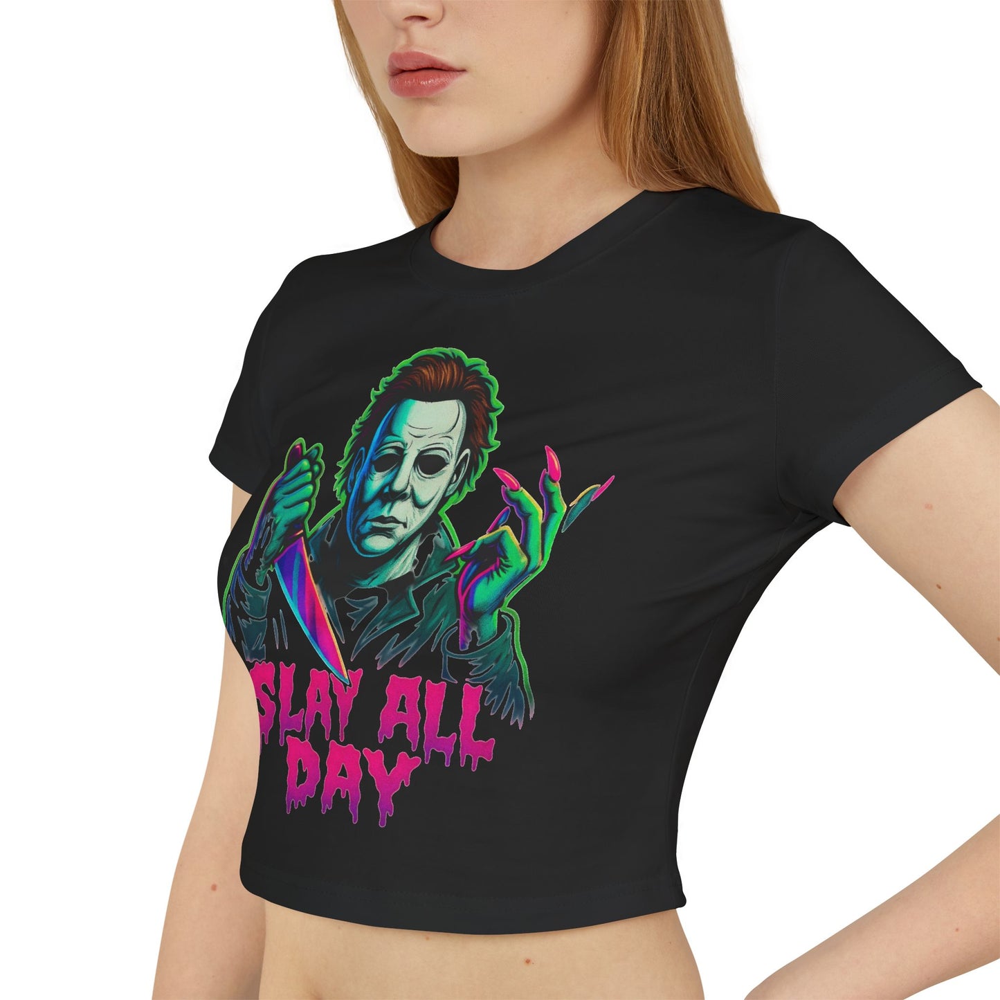 “Slay All Day” — Tie-Dye Unisex Crop Tee • Neon Drip • Horror Nail Icon