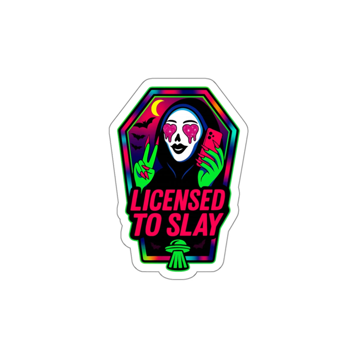 “Licensed to Slay” — 3” Die-Cut Neon Coffin Sticker
