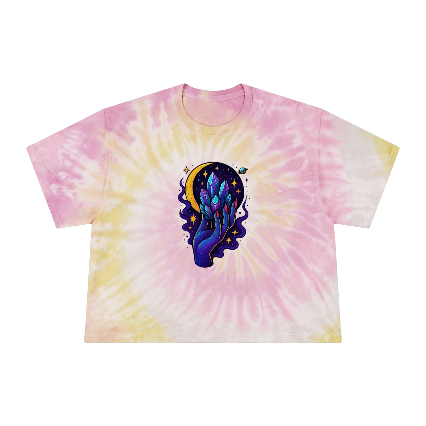 “Crystal Eclipse” — Cropped Tie-Dye Tee • Purple/Pink Sky Swirl • Mystical Crystal Hand Under Crescent Moon