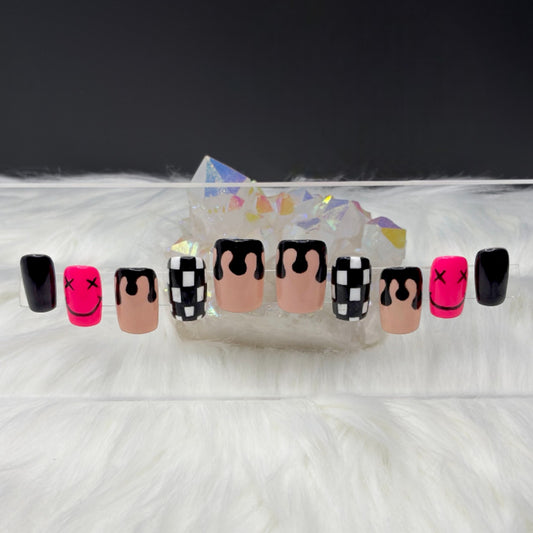 “Happy Drip” — Medium • Short Tapered Square Nude/Black Drips + Hot Pink & Checker Accents (RTS)