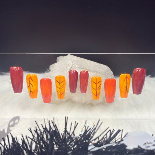 “Maple Hex” — XS • Medium Coffin Fall Leaf Nails w/ Builder-Gel Overlay (RTS)