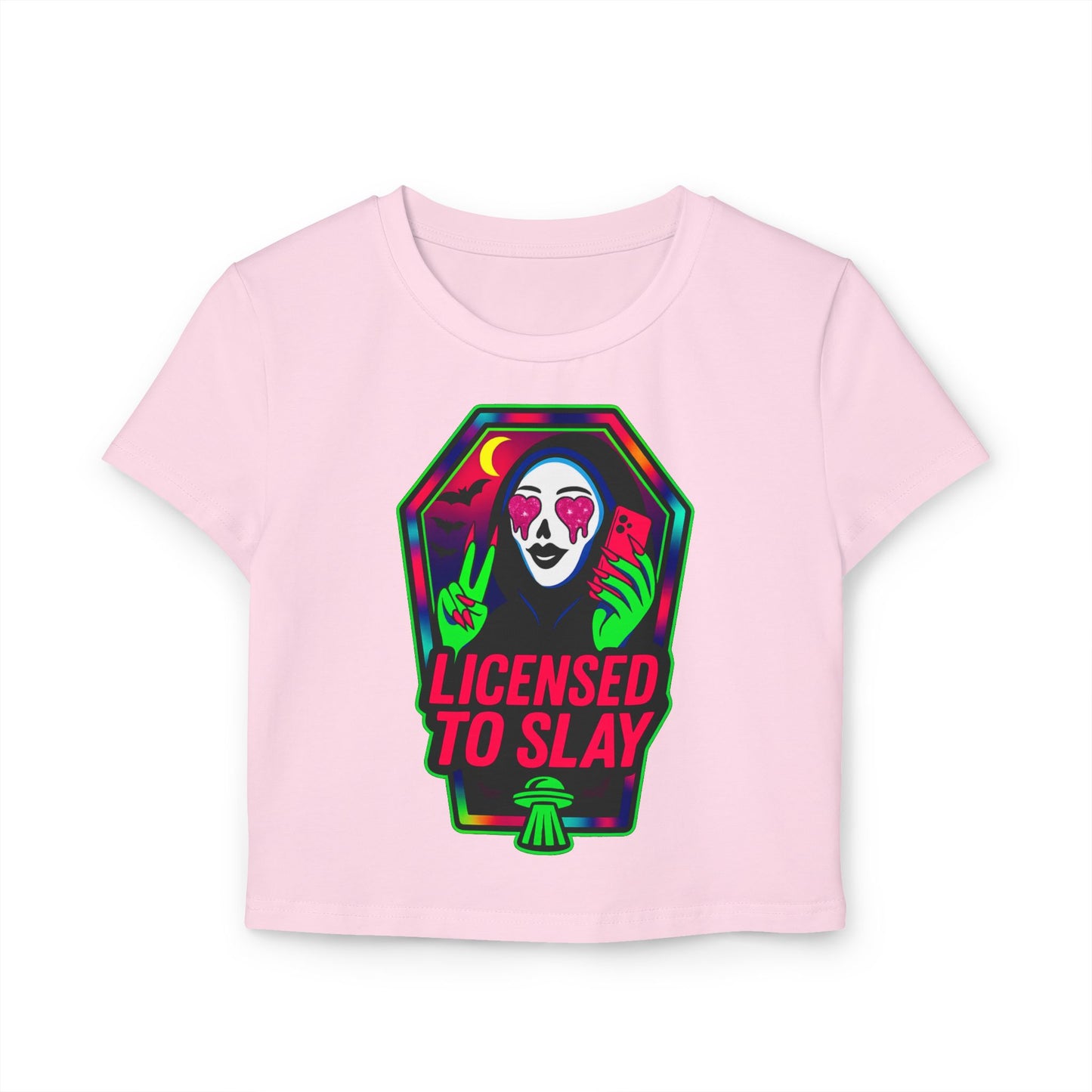 “Licensed to Slay” — Women’s Baby Tee • Horror Glam Nail Icon • Neon Killer Glow