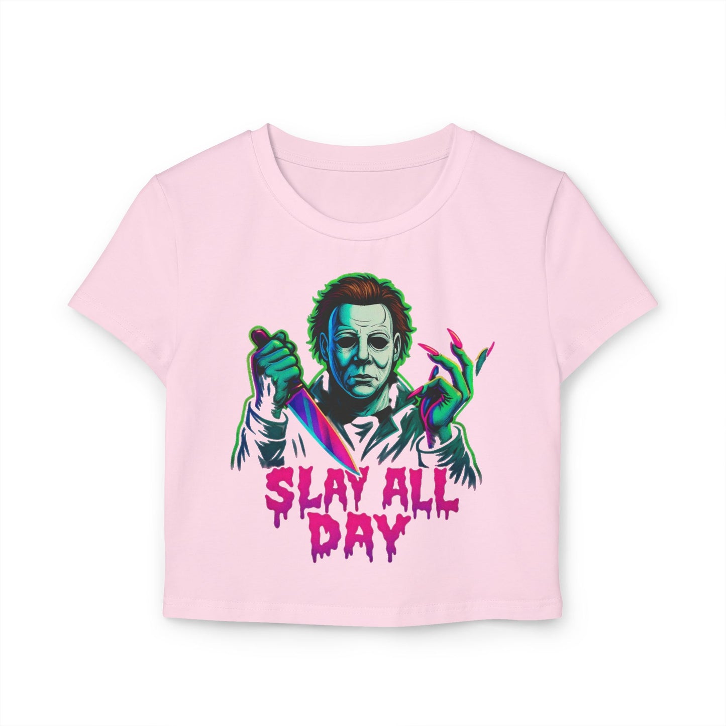 “Slay All Day” — Tie-Dye Unisex Crop Tee • Neon Drip • Horror Nail Icon