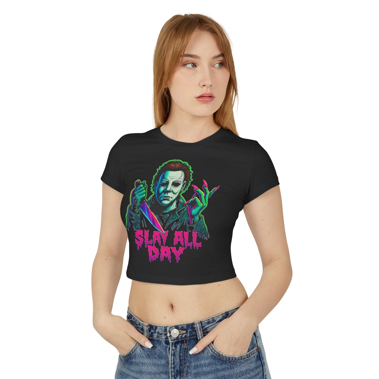 “Slay All Day” — Tie-Dye Unisex Crop Tee • Neon Drip • Horror Nail Icon