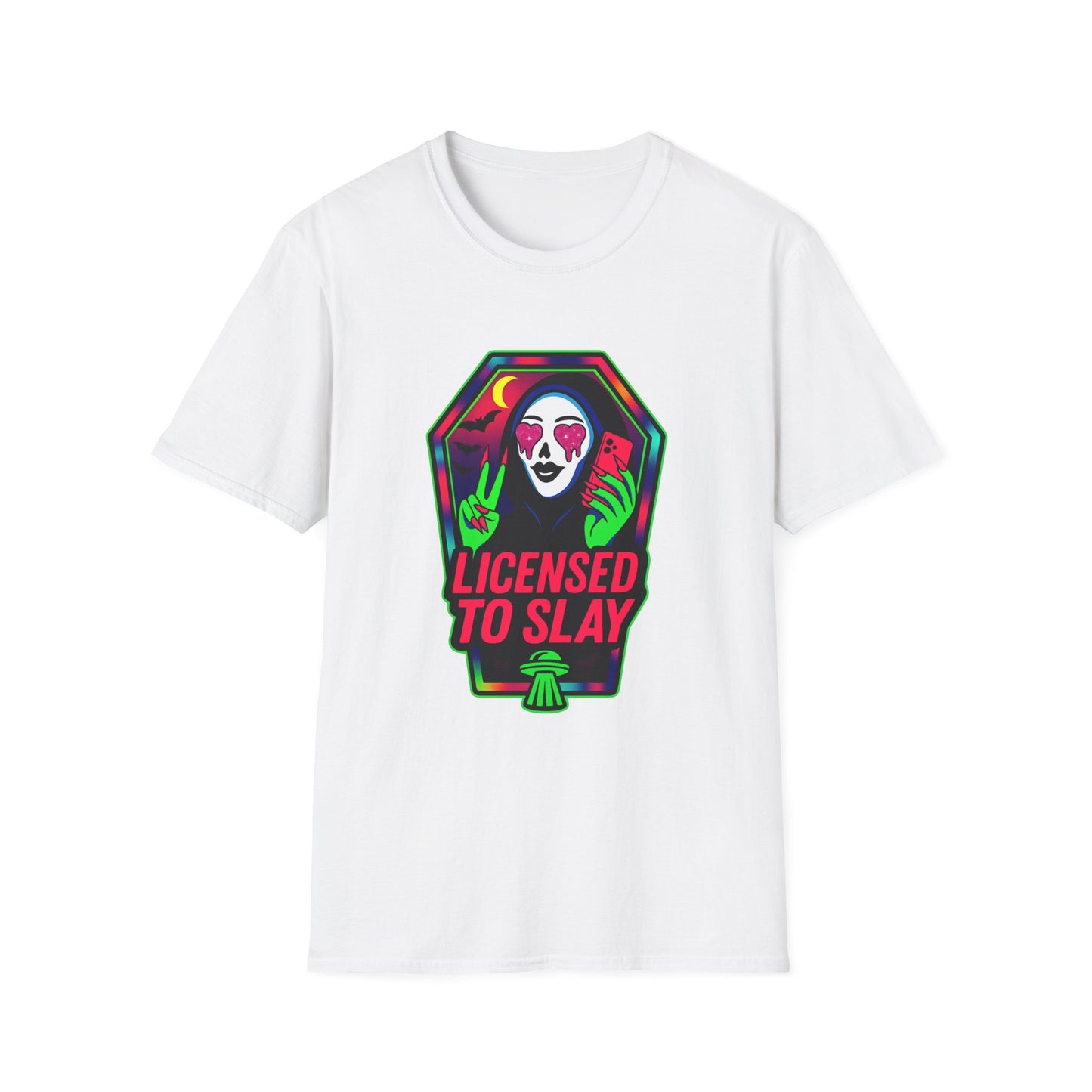 “Licensed to Slay” Graphic T-Shirt — Neon Horror Babe Tee (Black/White)
