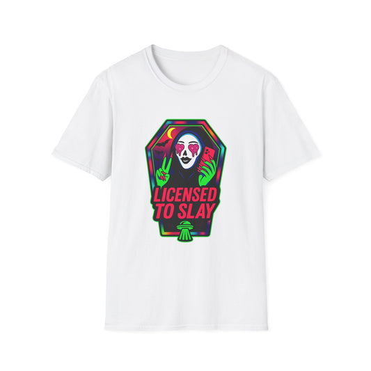 “Licensed to Slay” Graphic T-Shirt — Neon Horror Babe Tee (Black/White)