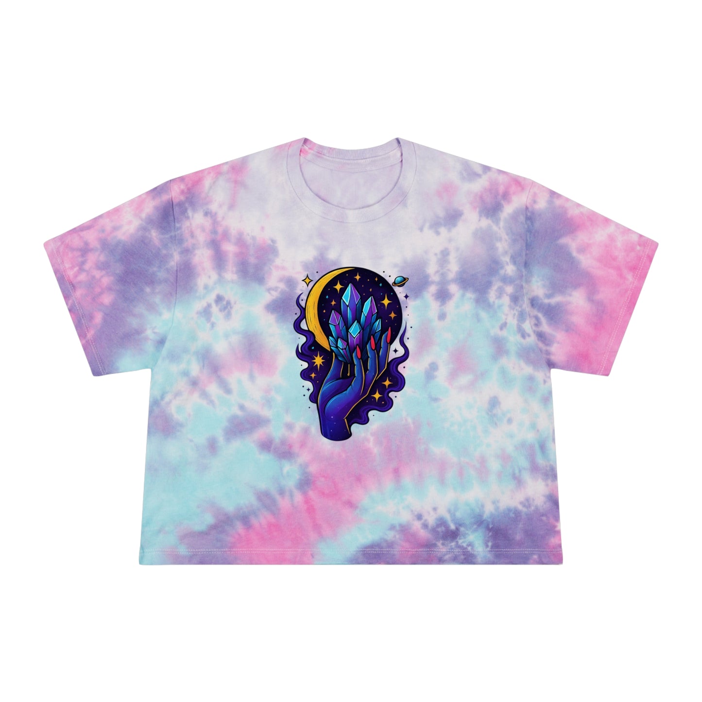 “Crystal Eclipse” — Cropped Tie-Dye Tee • Purple/Pink Sky Swirl • Mystical Crystal Hand Under Crescent Moon