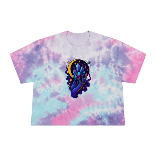“Crystal Eclipse” — Cropped Tie-Dye Tee • Purple/Pink Sky Swirl • Mystical Crystal Hand Under Crescent Moon
