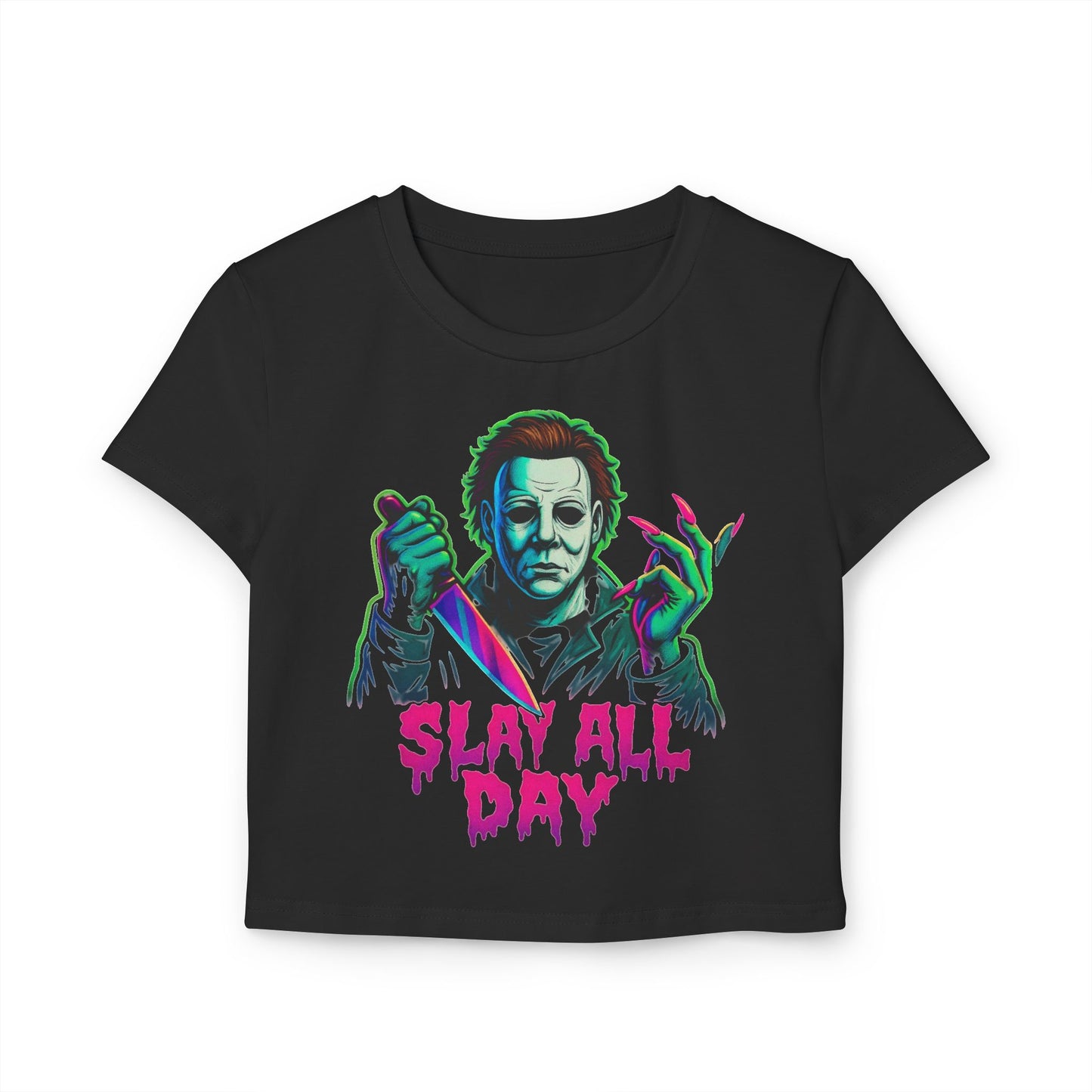 “Slay All Day” — Tie-Dye Unisex Crop Tee • Neon Drip • Horror Nail Icon