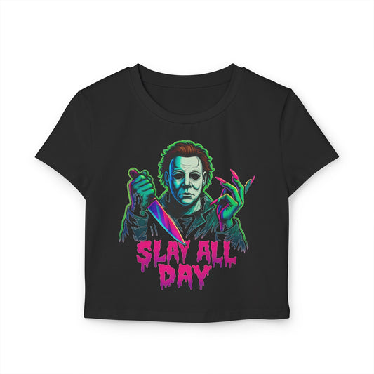 “Slay All Day” — Tie-Dye Unisex Crop Tee • Neon Drip • Horror Nail Icon