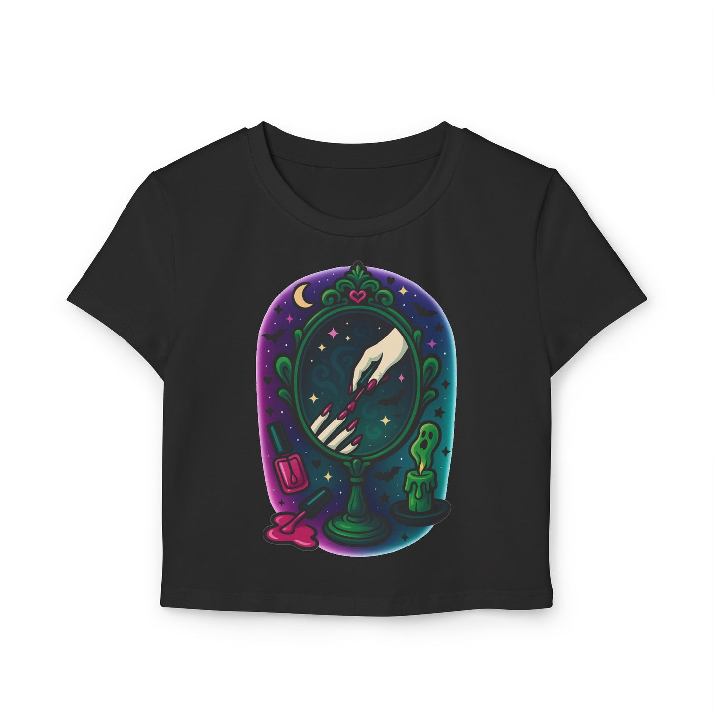 “Haunted Mirror Manicure” — Cropped Tee • Spooky Glam Nail Art • Midnight Ghost Glow