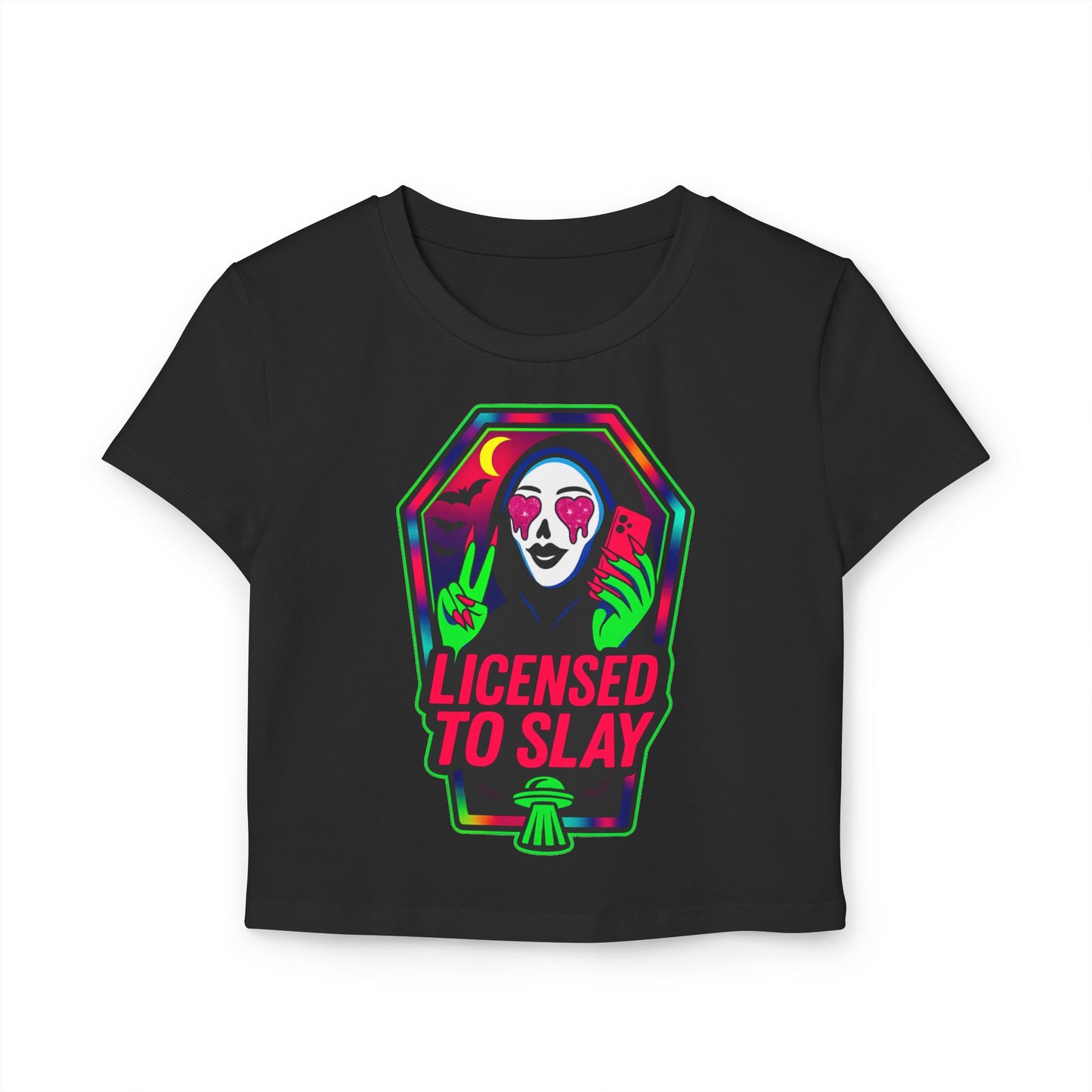 “Licensed to Slay” — Women’s Baby Tee • Horror Glam Nail Icon • Neon Killer Glow