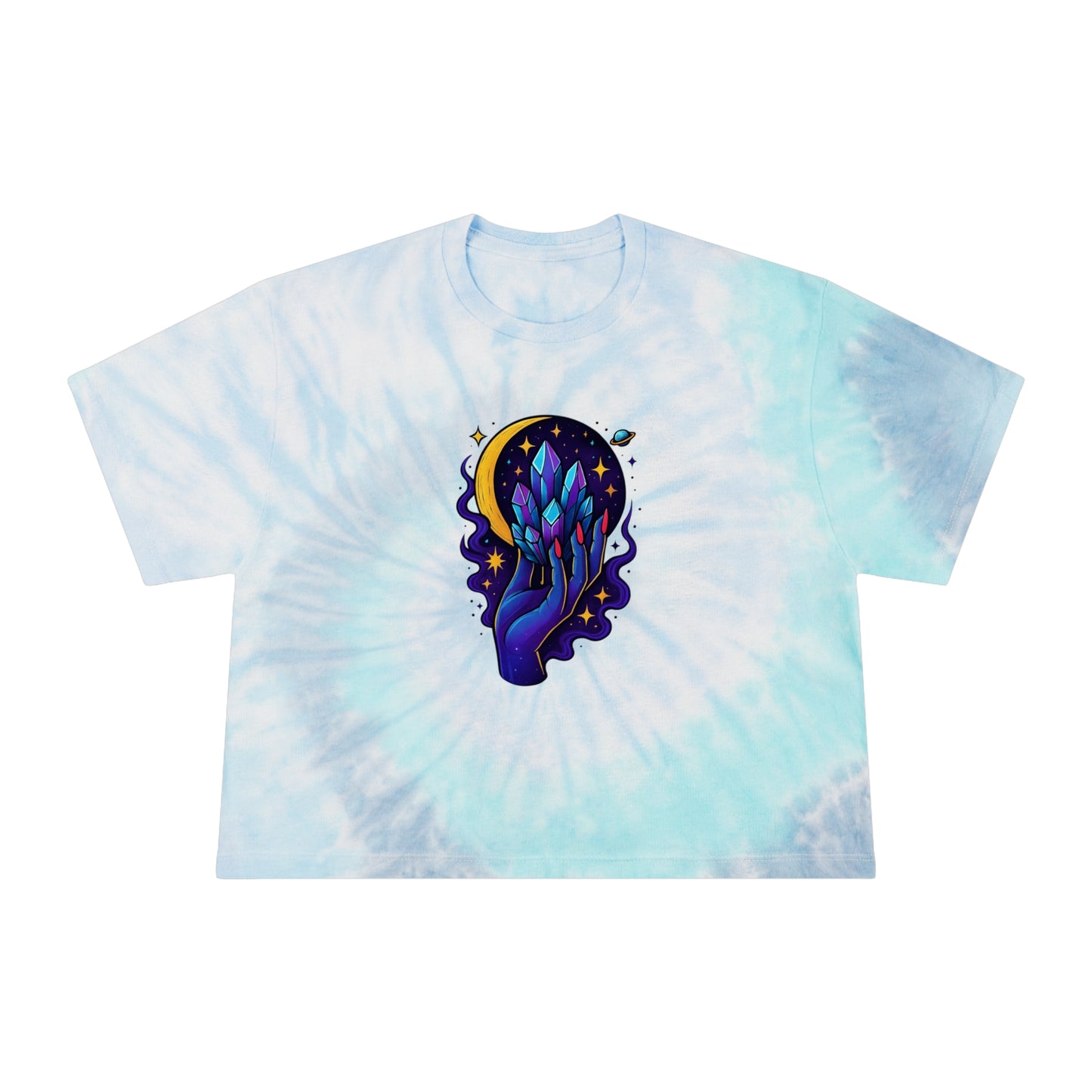 “Crystal Eclipse” — Cropped Tie-Dye Tee • Purple/Pink Sky Swirl • Mystical Crystal Hand Under Crescent Moon