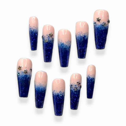 “Midnight Starfall” — Size S- Long Coffin Nude French-Tip Dark Blue Glitter Ombré w/ Acrylic Overlay + Black Star Charms (RTS)