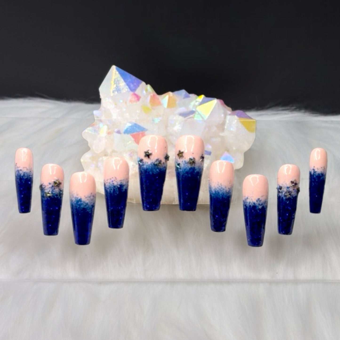 “Midnight Starfall” — Size S- Long Coffin Nude French-Tip Dark Blue Glitter Ombré w/ Acrylic Overlay + Black Star Charms (RTS)