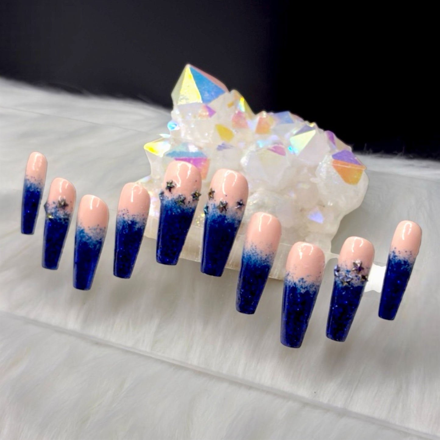 “Midnight Starfall” — Size S- Long Coffin Nude French-Tip Dark Blue Glitter Ombré w/ Acrylic Overlay + Black Star Charms (RTS)