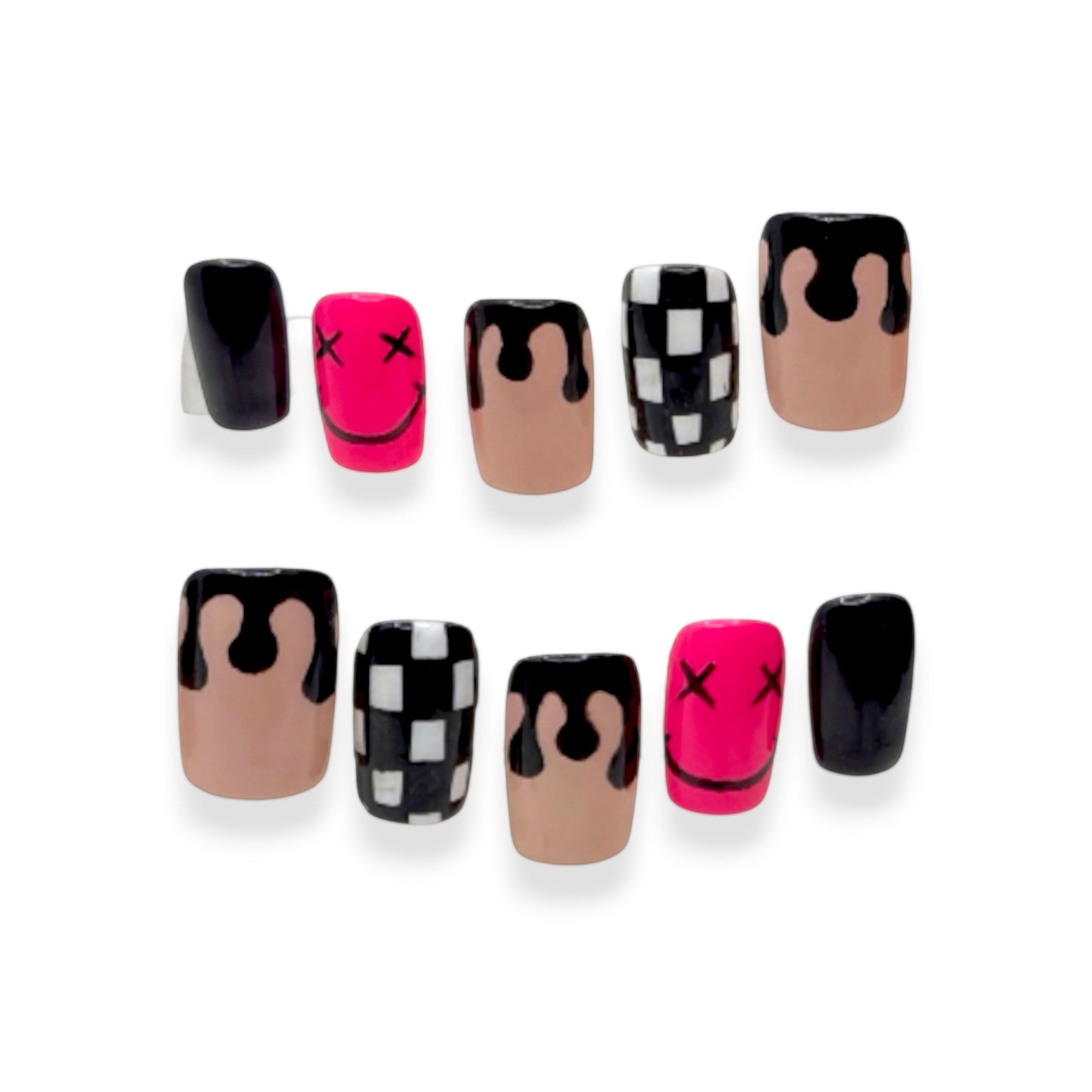 “Happy Drip” — Medium • Short Tapered Square Nude/Black Drips + Hot Pink & Checker Accents (RTS)