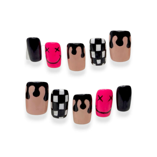 “Happy Drip” — Medium • Short Tapered Square Nude/Black Drips + Hot Pink & Checker Accents (RTS)