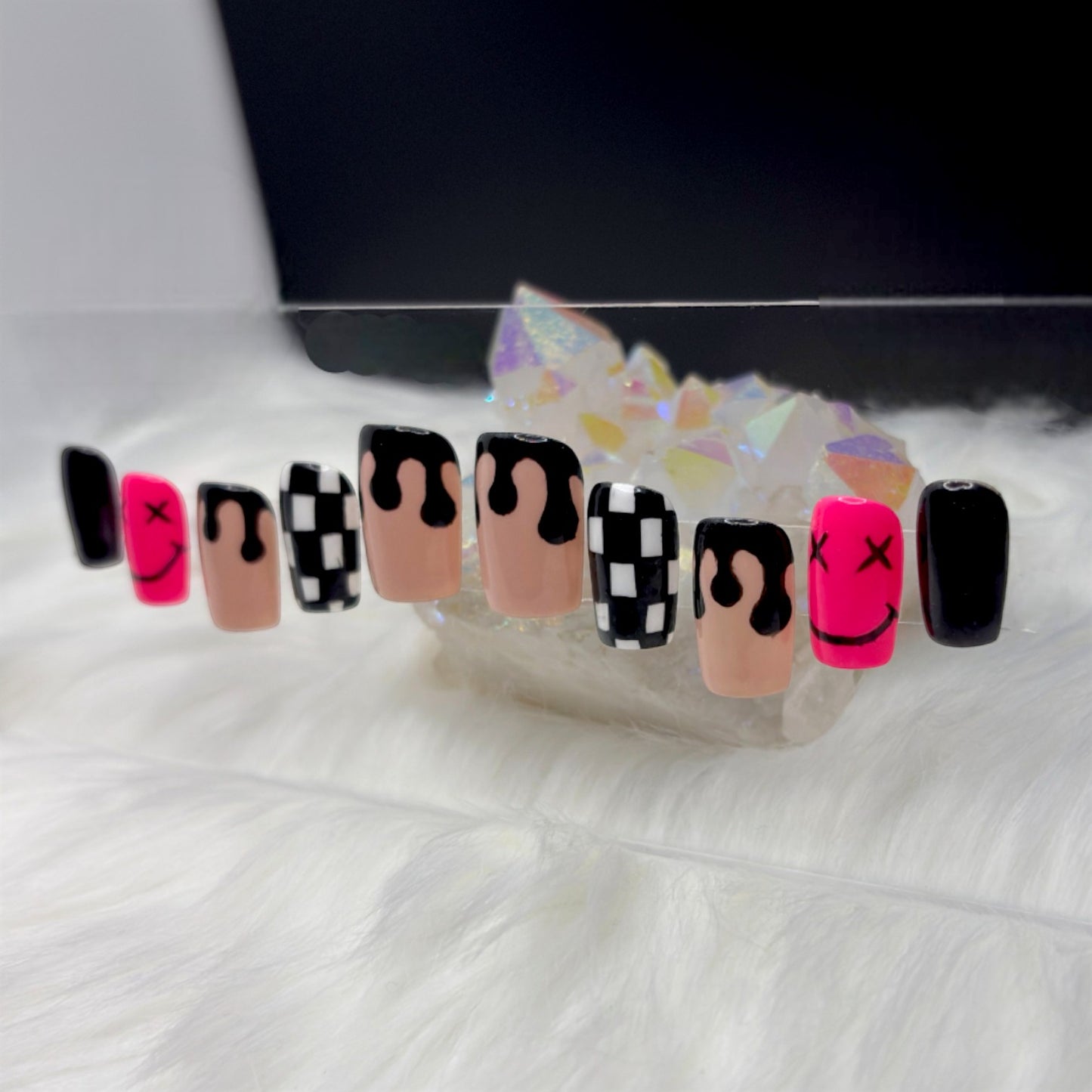 “Happy Drip” — Medium • Short Tapered Square Nude/Black Drips + Hot Pink & Checker Accents (RTS)