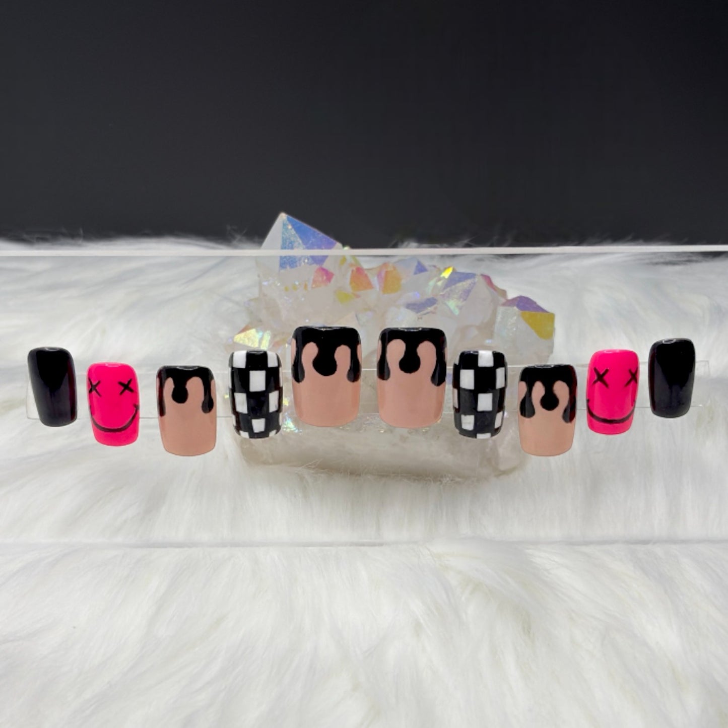 “Happy Drip” — Medium • Short Tapered Square Nude/Black Drips + Hot Pink & Checker Accents (RTS)