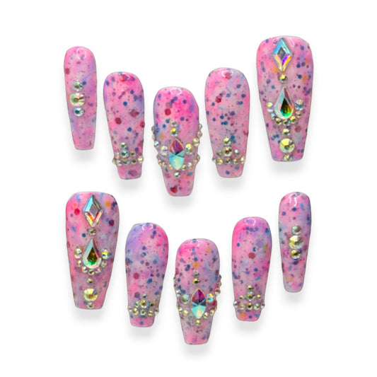 “Jawbreaker Royale” — Medium • Long Coffin Neon Speckled Acrylic Overlay w/ Rhinestones (RTS)