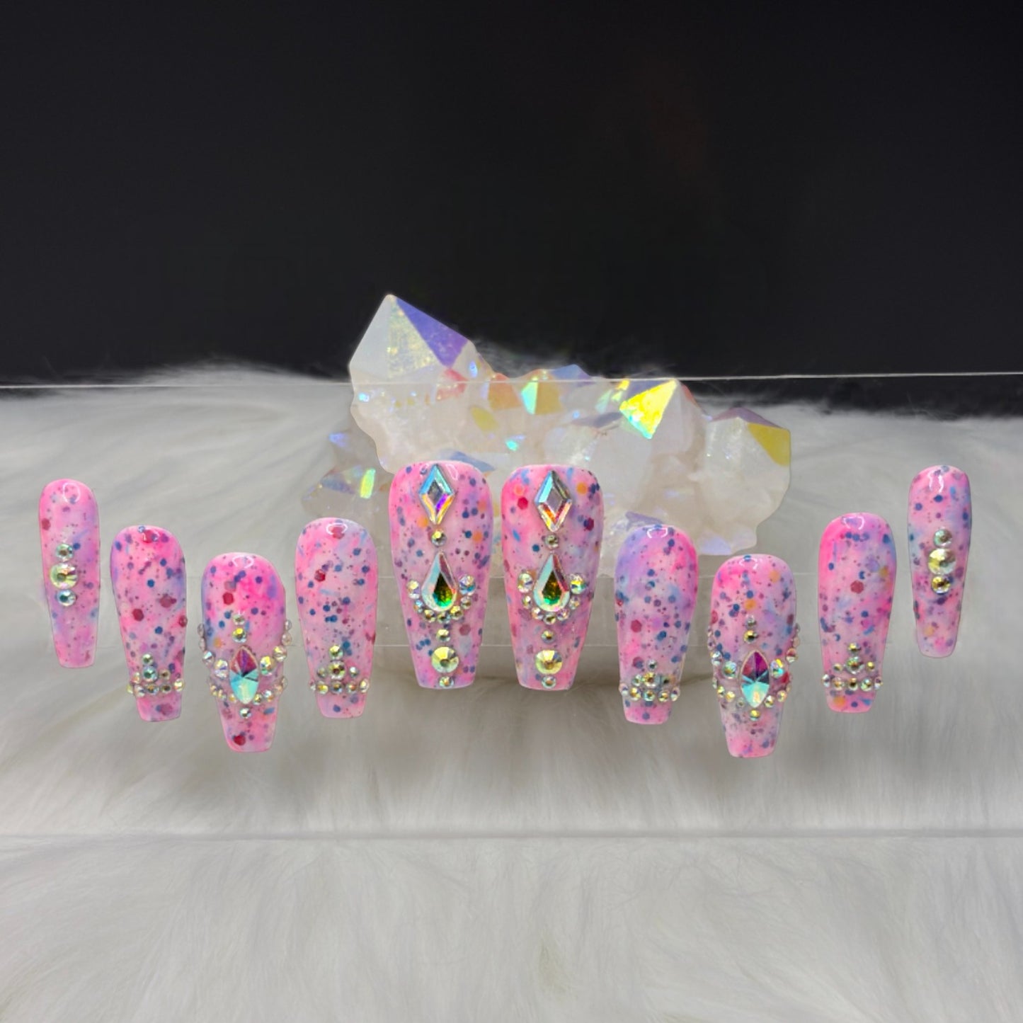 “Jawbreaker Royale” — Medium • Long Coffin Neon Speckled Acrylic Overlay w/ Rhinestones (RTS)