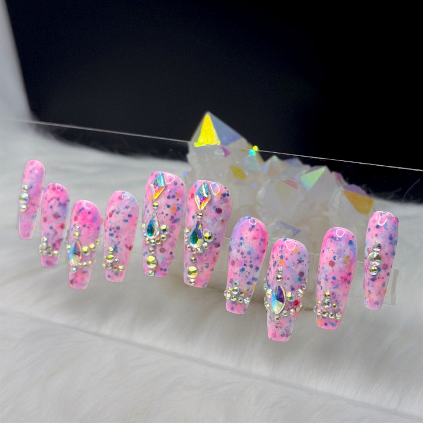 “Jawbreaker Royale” — Medium • Long Coffin Neon Speckled Acrylic Overlay w/ Rhinestones (RTS)