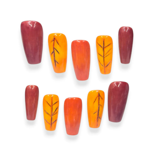 “Maple Hex” — XS • Medium Coffin Fall Leaf Nails w/ Builder-Gel Overlay (RTS)
