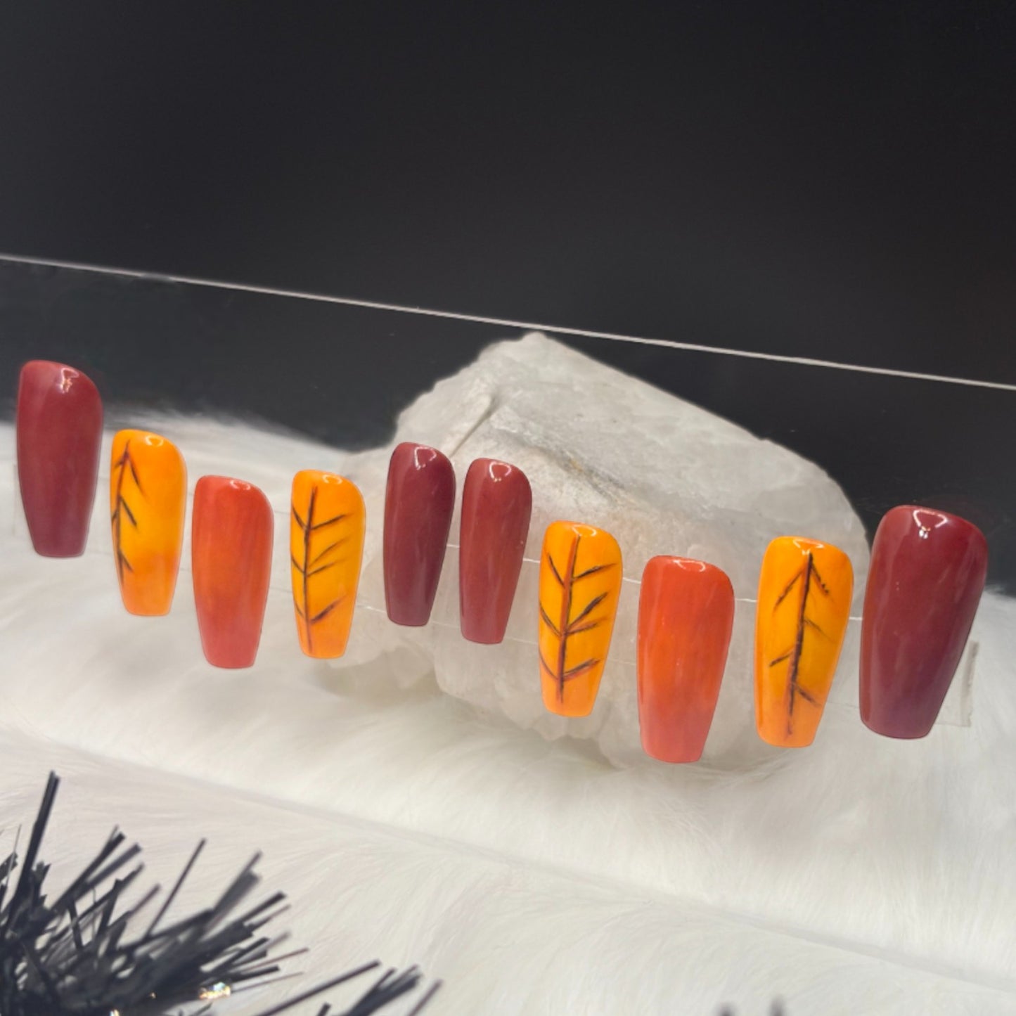 “Maple Hex” — XS • Medium Coffin Fall Leaf Nails w/ Builder-Gel Overlay (RTS)