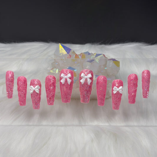 “Bubblegum Bow” — Medium • Long Coffin Pink Jelly Glitter w/ Acrylic Overlay + 3D Bows (RTS)
