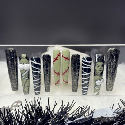 “Baddie Bride” — Small • 3XL Coffin Frankenstein Nails w/ 3D Sculpt & Builder-Gel Overlay (RTS)