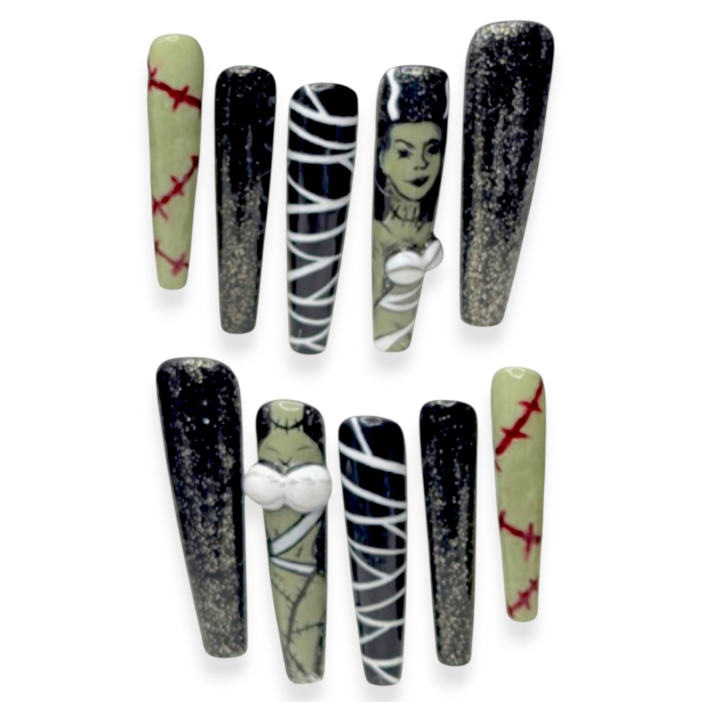 “Baddie Bride” — Small • 3XL Coffin Frankenstein Nails w/ 3D Sculpt & Builder-Gel Overlay (RTS)
