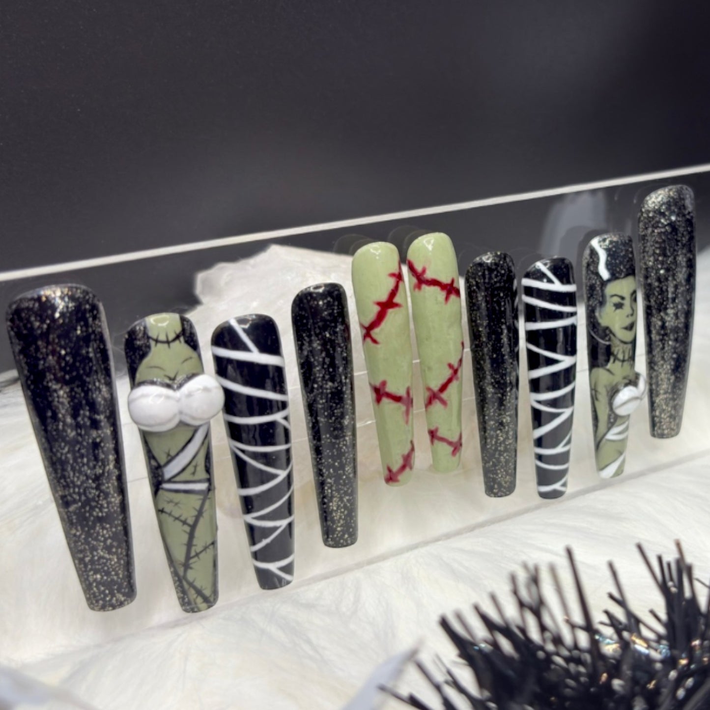 “Baddie Bride” — Small • 3XL Coffin Frankenstein Nails w/ 3D Sculpt & Builder-Gel Overlay (RTS)