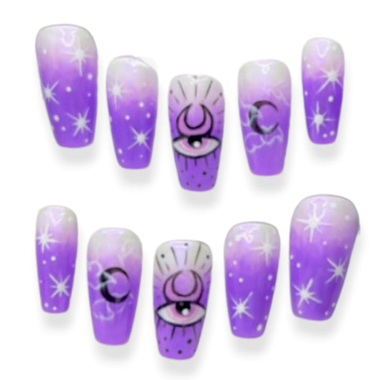 "Stargazer Vision" — Purple Moon & Third Eye Press-On Nails (RTS • Small | Medium Coffin)