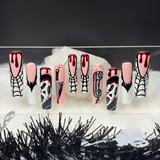 “Hello, Sydney!” — XS • 2XL Tapered Square Ghostface Nails w/ 3D Drips, Chrome Accents & Builder-Gel (RTS)