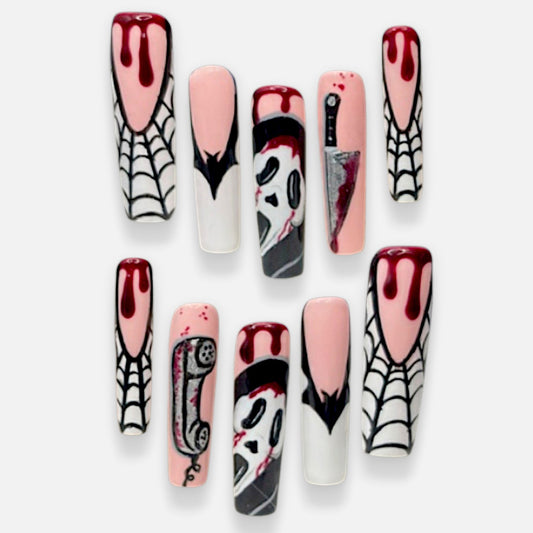 “Hello, Sydney!” — XS • 2XL Tapered Square Ghostface Nails w/ 3D Drips, Chrome Accents & Builder-Gel (RTS)