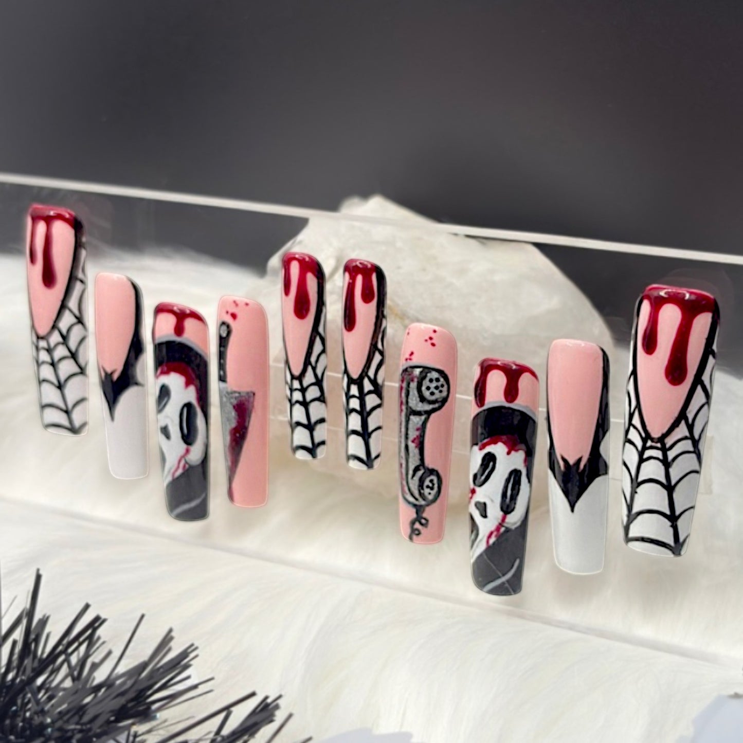 “Hello, Sydney!” — XS • 2XL Tapered Square Ghostface Nails w/ 3D Drips, Chrome Accents & Builder-Gel (RTS)