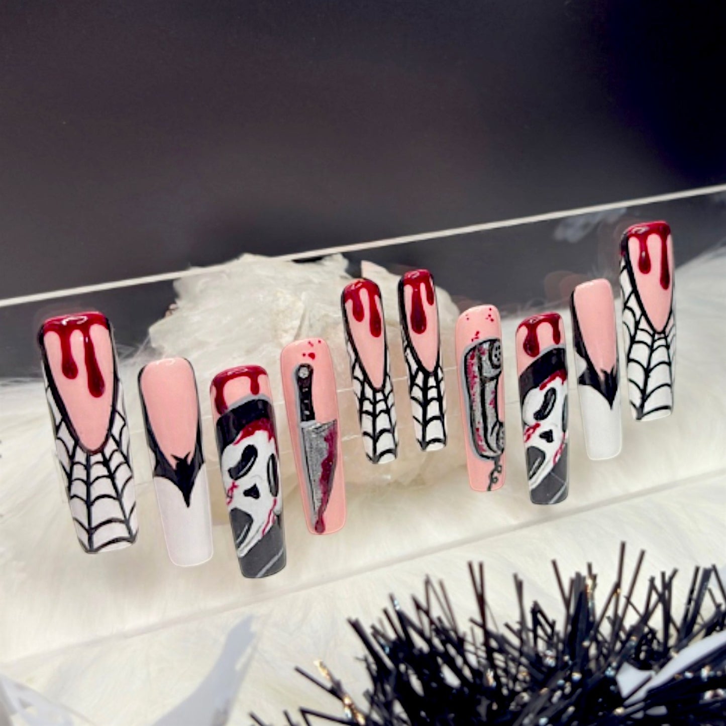 “Hello, Sydney!” — XS • 2XL Tapered Square Ghostface Nails w/ 3D Drips, Chrome Accents & Builder-Gel (RTS)