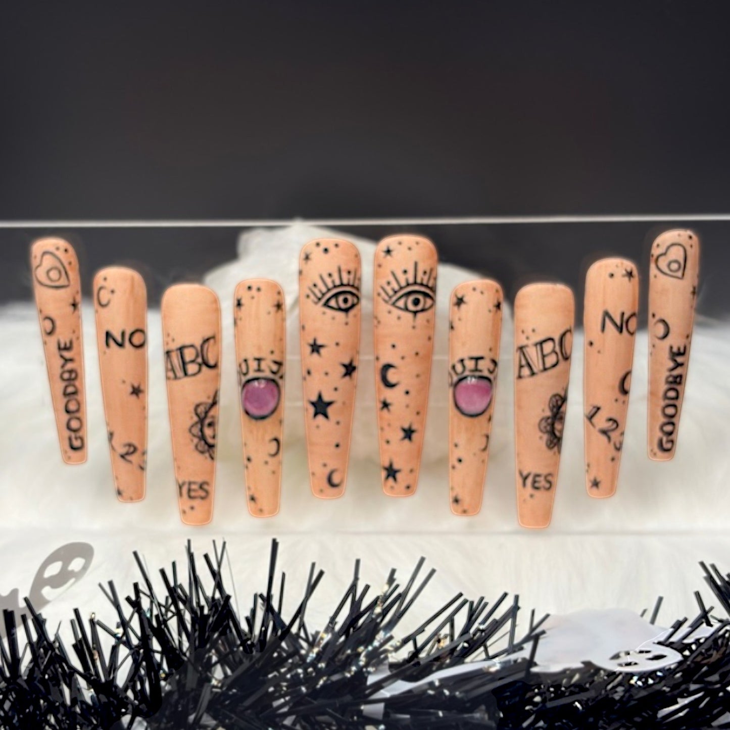 “Spirit Board” — XS • 3XL Coffin 3D Cat-Eye Ouija Nails w/ Builder-Gel Reinforcement (RTS)