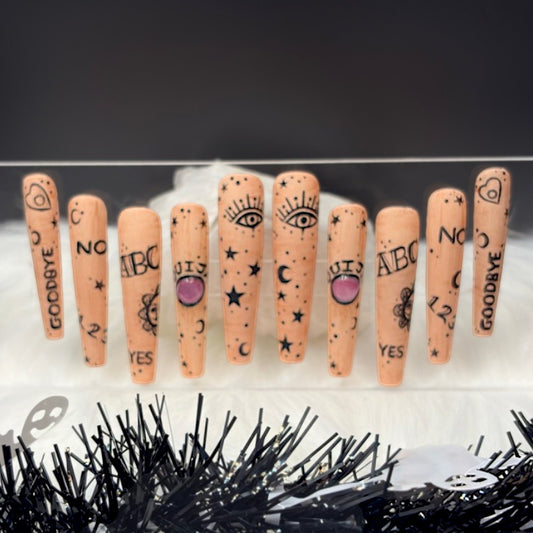 “Spirit Board” — XS • 3XL Coffin 3D Cat-Eye Ouija Nails w/ Builder-Gel Reinforcement (RTS)