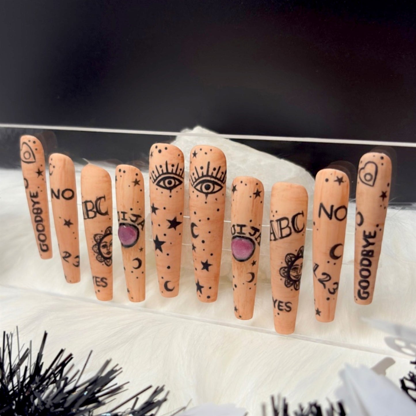 “Spirit Board” — XS • 3XL Coffin 3D Cat-Eye Ouija Nails w/ Builder-Gel Reinforcement (RTS)