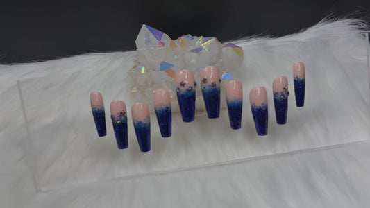 “Midnight Starfall” — Size S- Long Coffin Nude French-Tip Dark Blue Glitter Ombré w/ Acrylic Overlay + Black Star Charms (RTS)