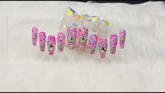 “Jawbreaker Royale” — Medium • Long Coffin Neon Speckled Acrylic Overlay w/ Rhinestones (RTS)