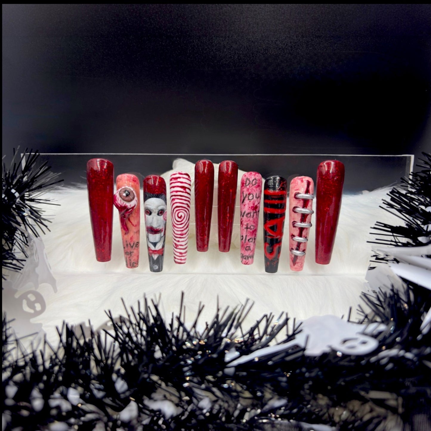 “Wanna Play a Game?” — Medium • 3XL Coffin Jigsaw Nails w/ 3D Sculpt & Builder-Gel Overlay (RTS)