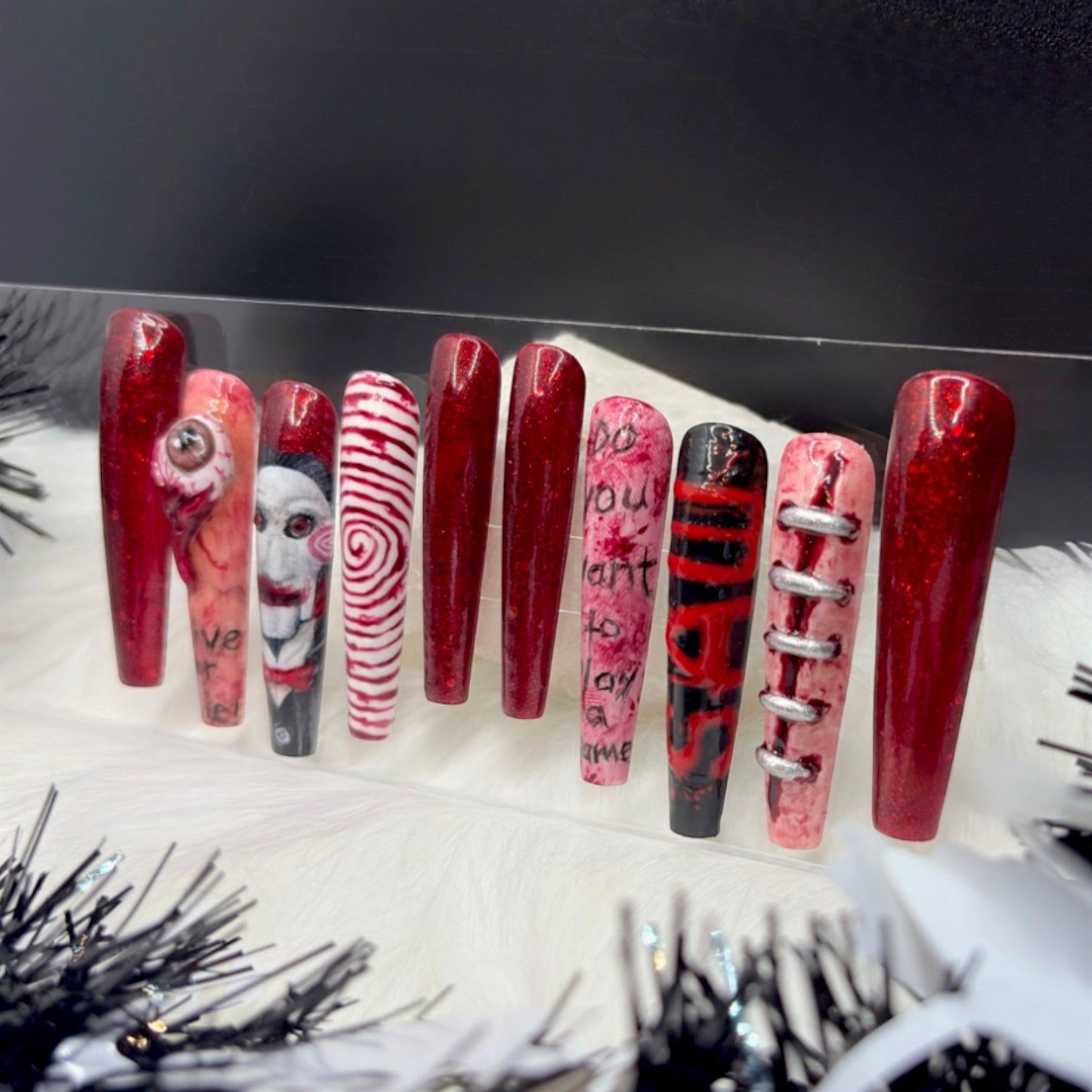 “Wanna Play a Game?” — Medium • 3XL Coffin Jigsaw Nails w/ 3D Sculpt & Builder-Gel Overlay (RTS)